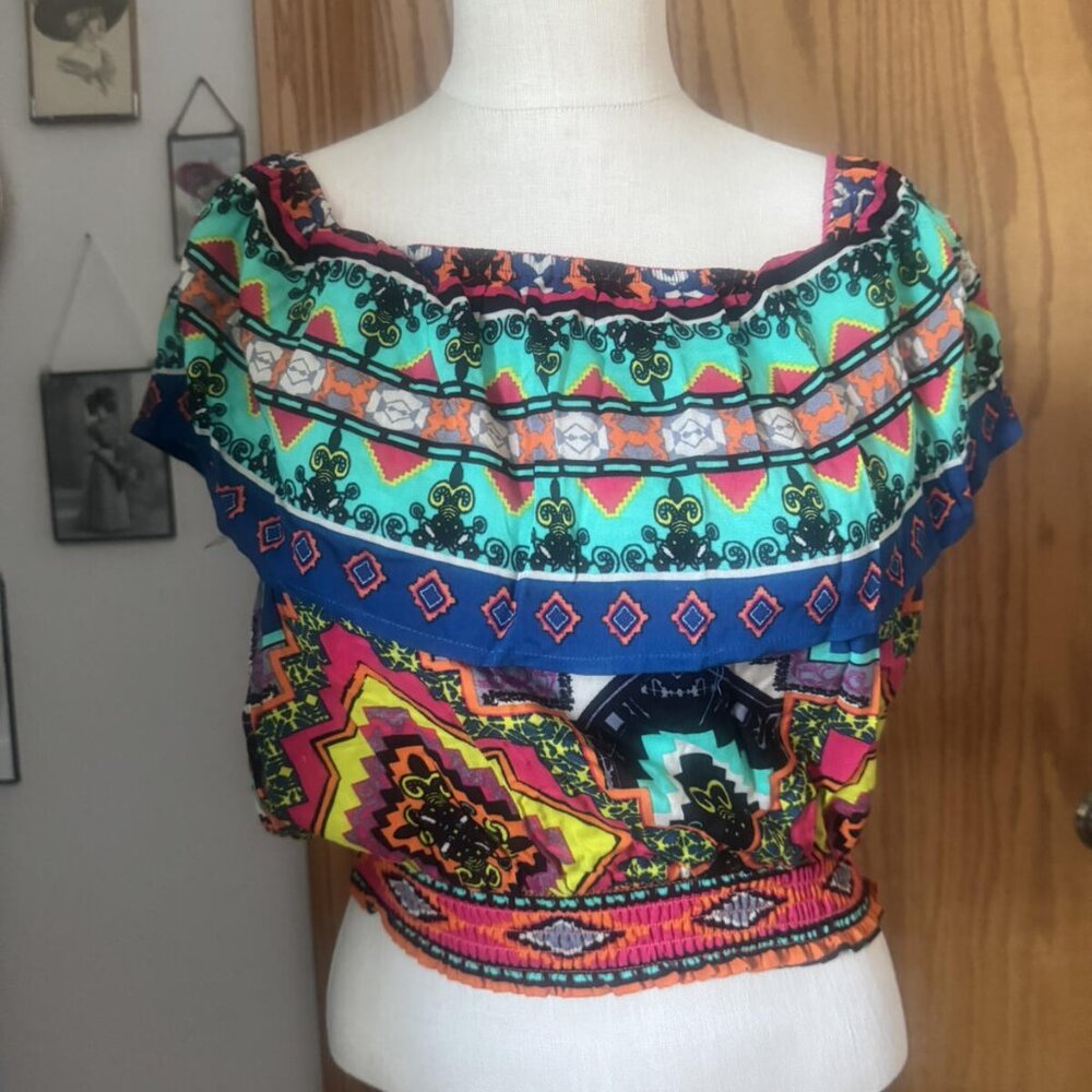 LARGE flying tomato COLORFUL off the shoulder CROP TOP NWT